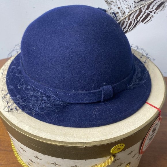 Vintage NOS Adolfo II NY Paris Hat Wool Blue Felt Feather 